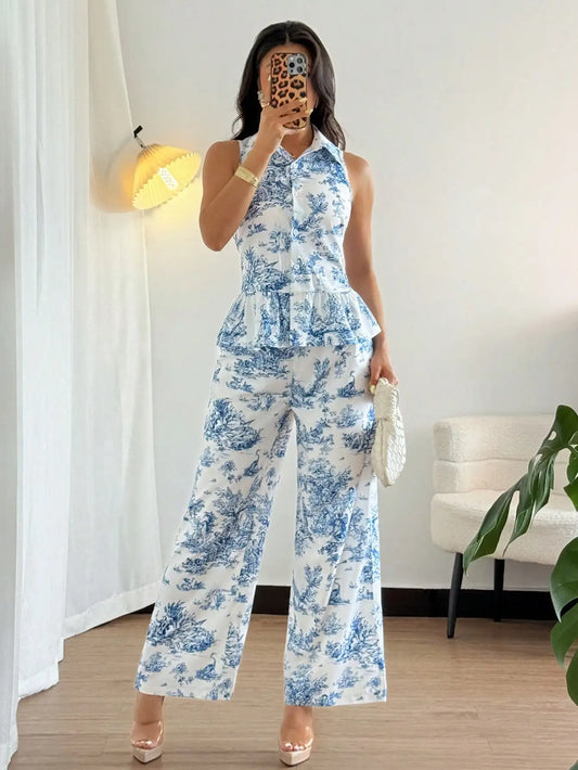 Women's Blue & White Toile Print Sleeveless Peplum Top + Wide Leg Pants Summer Two-Piece Set