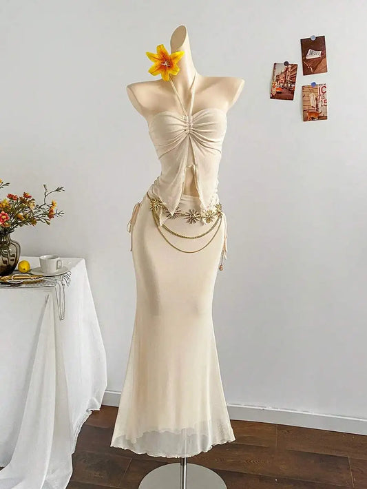 Red Floral Print Halter Neck Two Piece Set with Cutout Waist, Mermaid Skirt for Beach Wedding or Festival