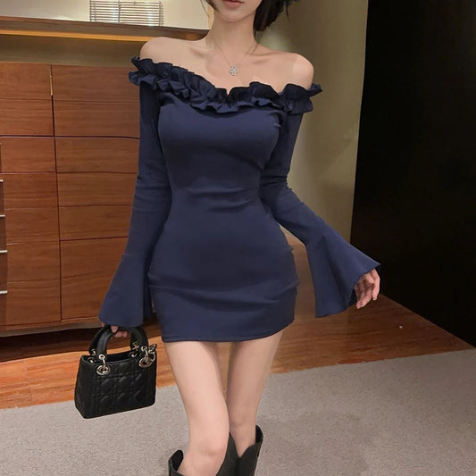 Sexy Ruffle Mini Dress Women Slash Neck Backless Flare Long Sleeve Slim Fit Dresses Vintage Solid Female Elegant Casual Dress