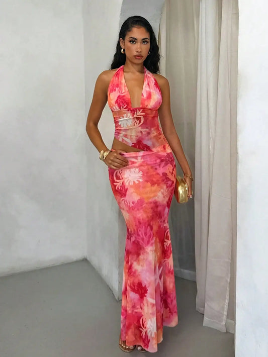 Floral Halter Neck Crop Top & Maxi Skirt Set, Beach Vacation Outfit with Cutout Back and Ruffle Hem