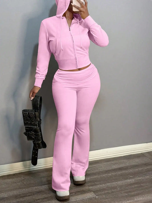 Pink Women's 2-Piece Hooded Zip-Up Crop Top & Flared Pants Set, Casual Sporty Outfit for Fall